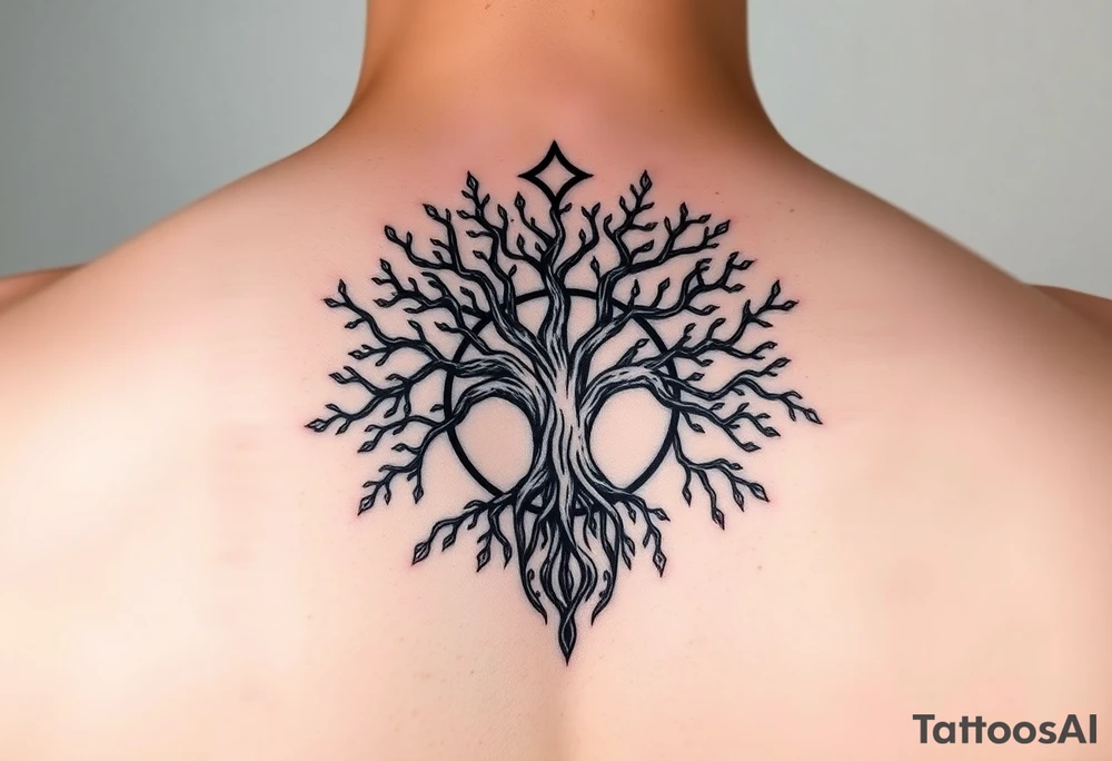 yggadrisl tree of life with circle. Jai , Phoebe, Imogen, Matilda in the circle tattoo idea