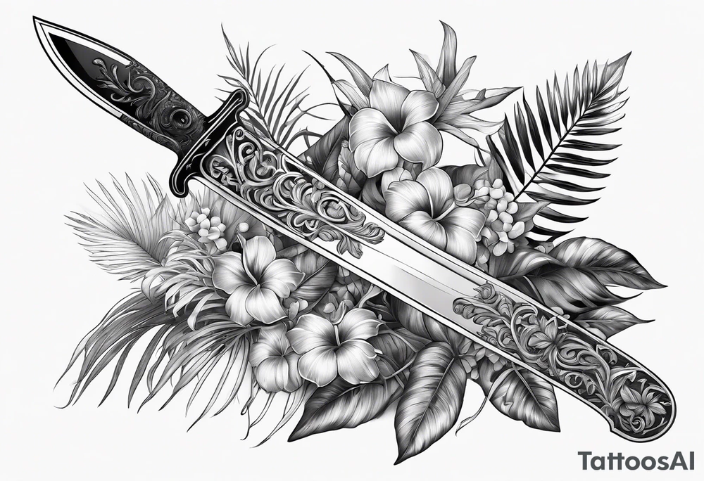 A Rapier blade down my spine with leafy vines and tropical plants surrounding the blade tattoo idea