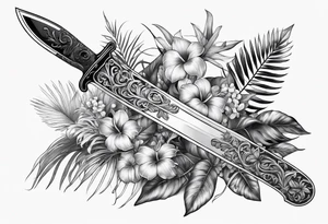 A Rapier blade down my spine with leafy vines and tropical plants surrounding the blade tattoo idea