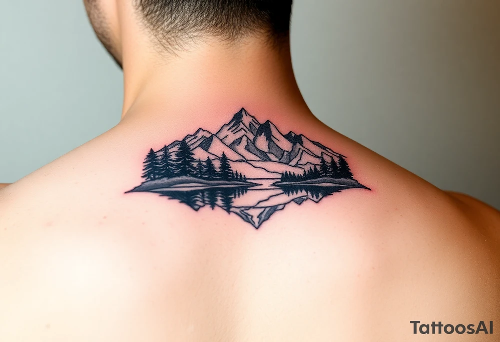 A colorful vignette with a lake and mountains with trees tattoo idea