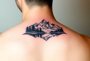 A colorful vignette with a lake and mountains with trees tattoo idea