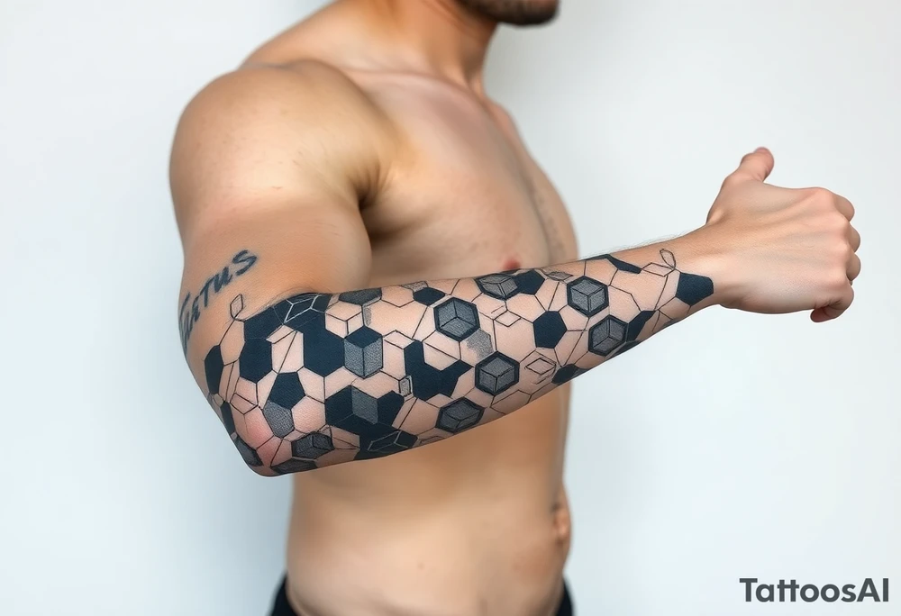 design a full sleeve tattoo that consists of a base layer of abstract hexagon pattern overlaid with a little blackwork abstract while incorporating the top tattoo and integrating slight biomech designs tattoo idea