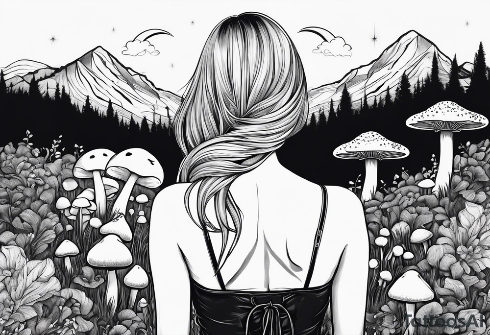 Straight blonde hair girl facing away mountains surrounded by mushrooms crescent moon tattoo idea