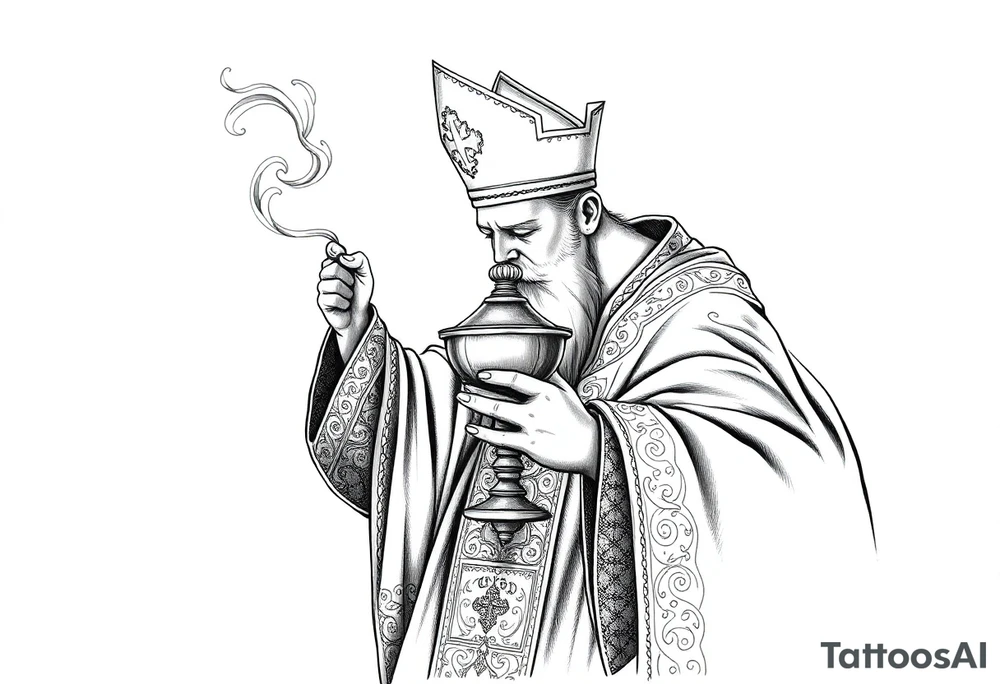 A Russian Orthodox Priest in full gold vestments swinging a censer with smoke curling upward 

The ornate robes give incredible fine line detail
The incense smoke could flow and connect to other elements
It ties directly into the church and Virgin Mary you already have
Very culturally authentic to the overall theme tattoo idea