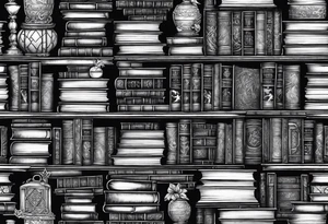 A stack of books surrounded with elements from Harry Potter, hunger games, the hobbit, pride and prejudice, twilight, and lord of the rings tattoo idea