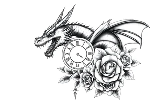 Horror dragon tattoo with cancer zodiac sign, roses and clock on background tattoo idea