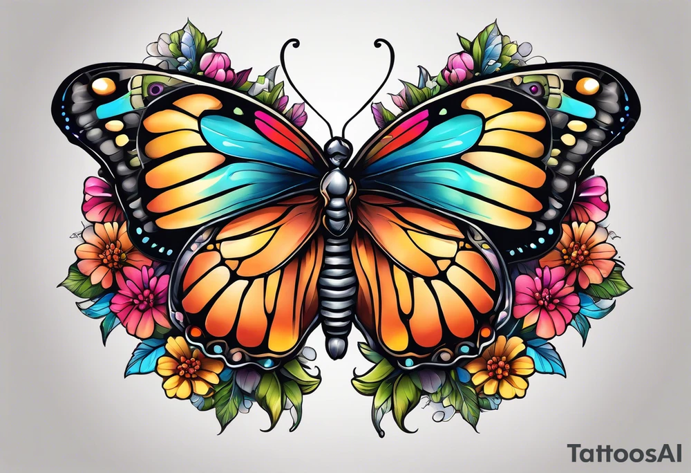 butterfly with half the wings covered in colorful bright flowers, the other half normal butterfly design but looks like a skull in the wing design tattoo idea