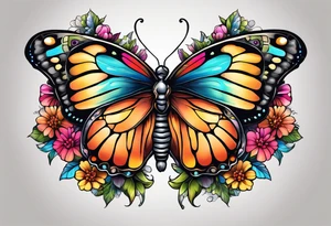 butterfly with half the wings covered in colorful bright flowers, the other half normal butterfly design but looks like a skull in the wing design tattoo idea