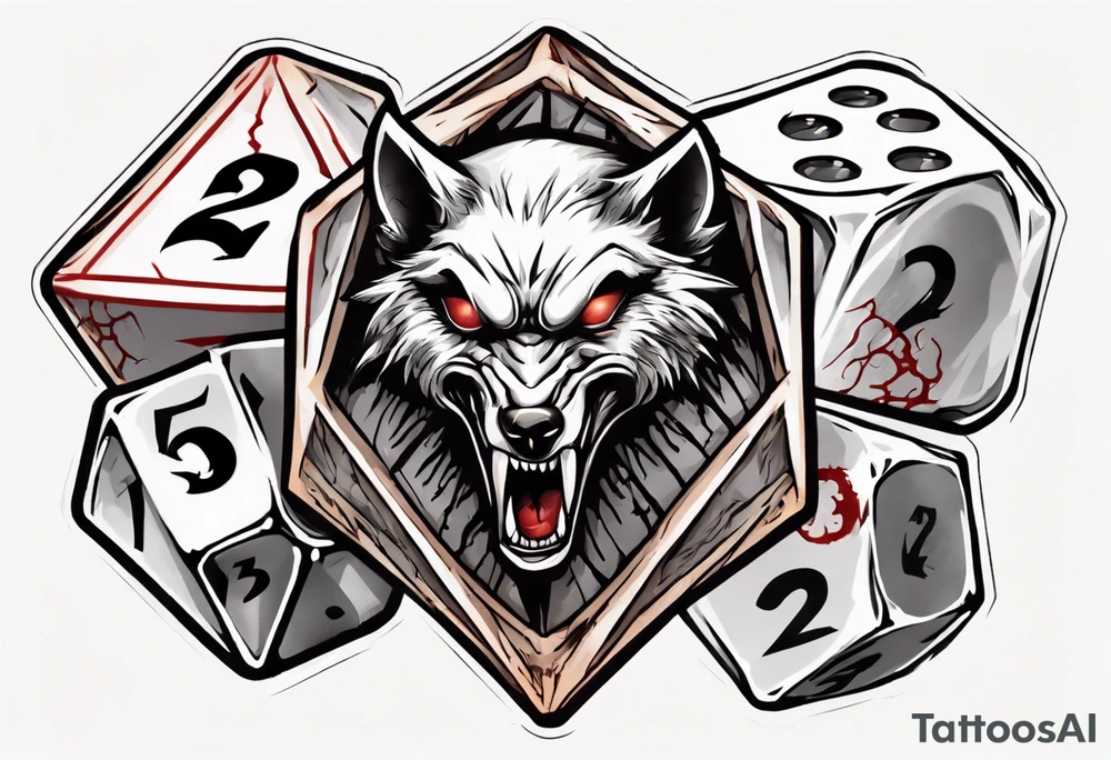 A 20 sided Dice in the center with numbers and wolverine claw marks framing the underneath of the dice and a werewolf in the background tattoo idea
