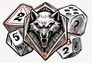 A 20 sided Dice in the center with numbers and wolverine claw marks framing the underneath of the dice and a werewolf in the background tattoo idea