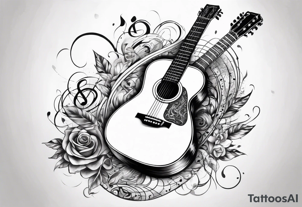 guitar with musical notes wrapped around it tattoo idea