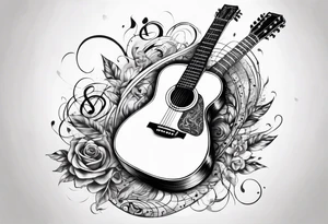 guitar with musical notes wrapped around it tattoo idea