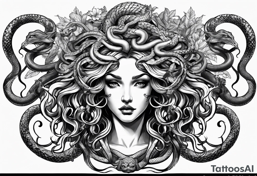 arm tattoo of Medusa as a statue with snakes for hair tattoo idea
