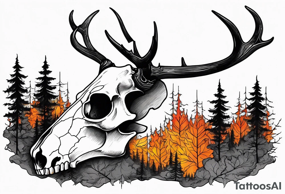 Halloween side view of a DECAYING deer skull JUST BONE surrounded by a forest fire in background tattoo idea