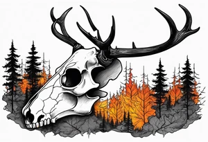 Halloween side view of a DECAYING deer skull JUST BONE surrounded by a forest fire in background tattoo idea