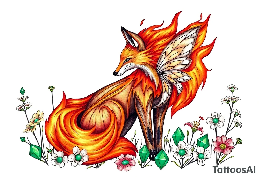 Fox made of fire with a fairy standing close to it  in a field of lillys and emerald jem stones tattoo idea