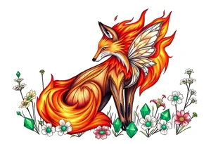 Fox made of fire with a fairy standing close to it  in a field of lillys and emerald jem stones tattoo idea