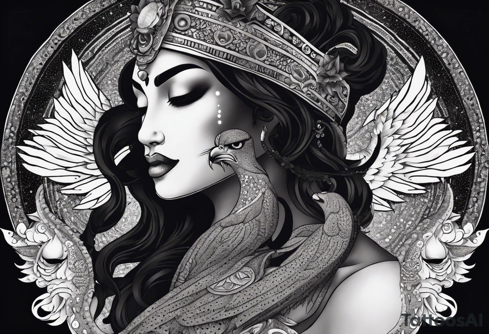 black kali, goddess pirate, alien, angel, pachamama, valkrye, warrior, flying, skull, lotus azul, wing, eagle, zenza resonance, stars, 5D, anahata chakra, death, durga, riding on a tiger, flying lady, kundalini, chest tatoo, samuri, rebel, serpent tattoo idea