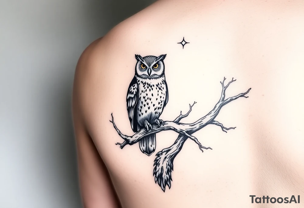 wise owl perched on ancient oak branch under starlit sky tattoo idea