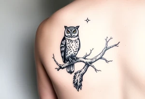 wise owl perched on ancient oak branch under starlit sky tattoo idea