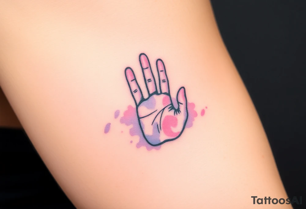 A tiny handprint placed inside a larger one, shaded in watercolor pastels (light pink, baby blue, and soft lavender), representing growth and connection tattoo idea