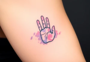 A tiny handprint placed inside a larger one, shaded in watercolor pastels (light pink, baby blue, and soft lavender), representing growth and connection tattoo idea