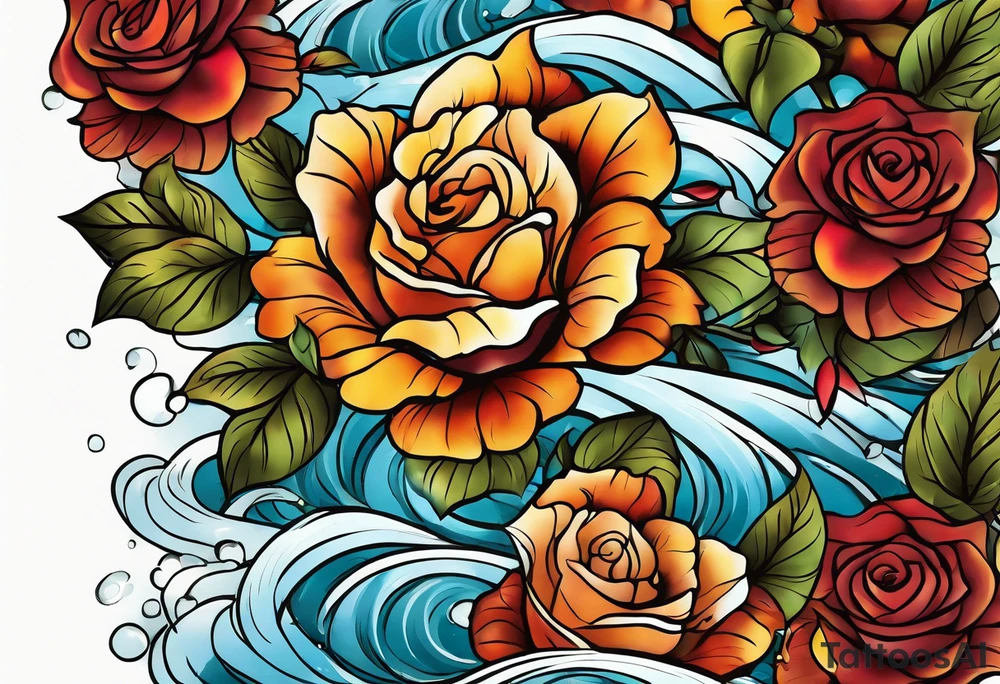 thigh tattoo in fall colors, showing water flow, rocks, sky, clouds, leaves, roses tattoo idea