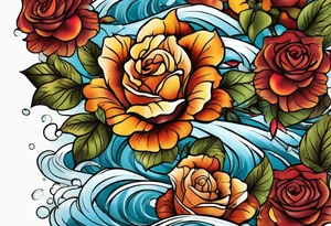 thigh tattoo in fall colors, showing water flow, rocks, sky, clouds, leaves, roses tattoo idea