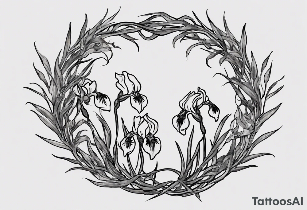 Create a small Vincent van Gogh Irises tattoo, with vines gracefully intertwining at a central point in the middle of the wreath.  The intended placement is on the upper chest. The overall design should be small in size while maintaining a delicate and artistic aesthetic. Pay attention to the graceful flow of the vines and the placement of the irises to achieve a refined and elegant look. tattoo idea