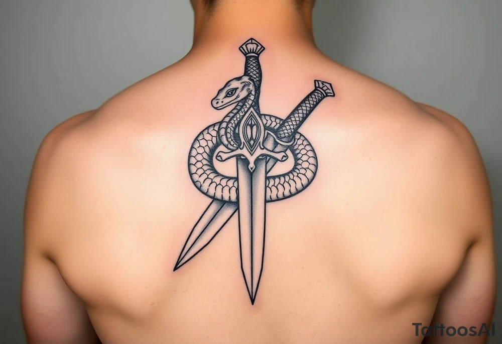 mystical snake coiled around an ancient dagger with jeweled hilt tattoo idea