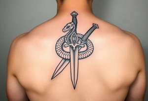 mystical snake coiled around an ancient dagger with jeweled hilt tattoo idea