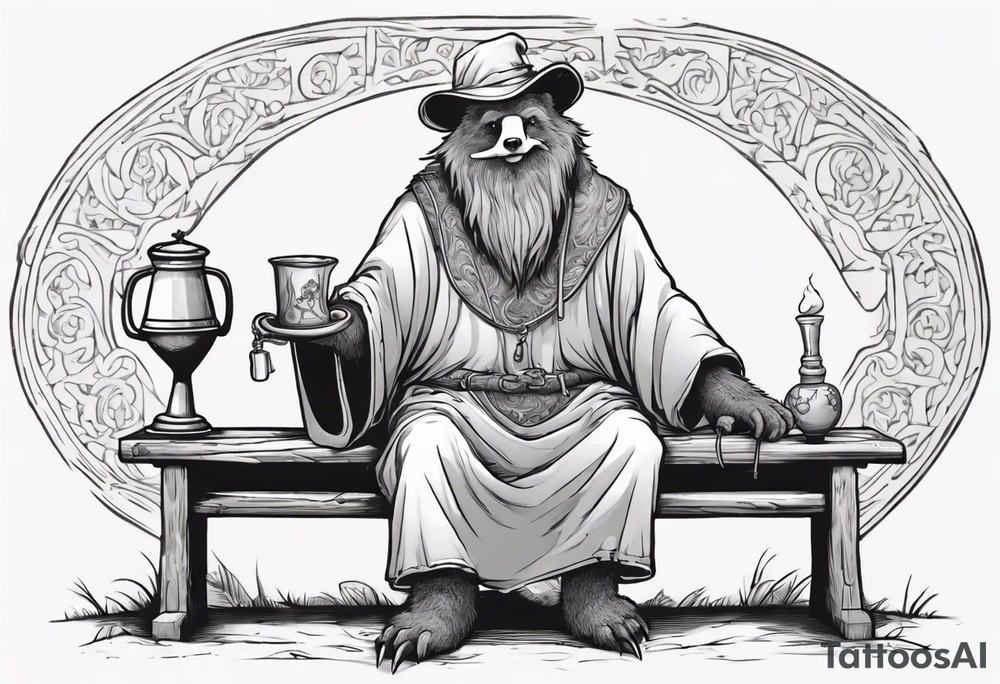 a medieval bear-human hybrid with a long grey beard wearing a tunic and a floppy hat sitting on a bench by a fireplace drinking from a wood cup, smiling tattoo idea