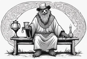 a medieval bear-human hybrid with a long grey beard wearing a tunic and a floppy hat sitting on a bench by a fireplace drinking from a wood cup, smiling tattoo idea