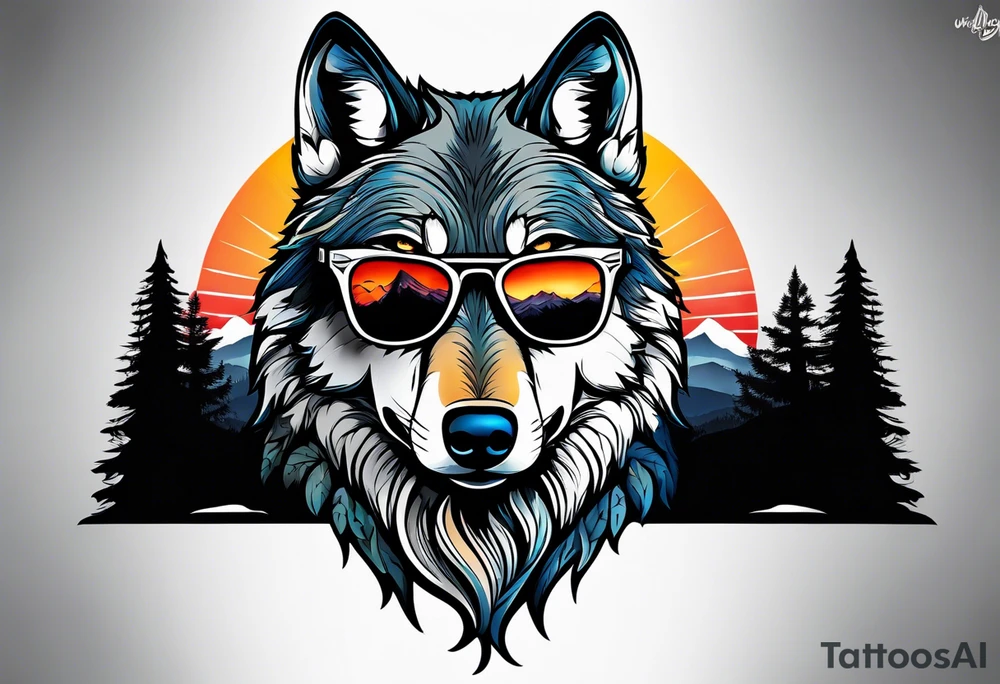 Badass wolf wearing sunglasses
Dark woods
Mountain peaks
Sunset tattoo idea