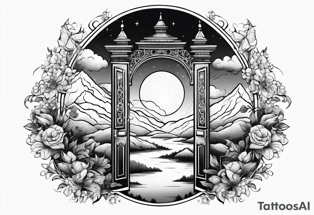 night town mountains garden gate entrance
in circle vignette surrounded by clouds floral tattoo idea
