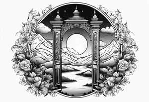 night town mountains garden gate entrance 
 in circle vignette surrounded by clouds floral tattoo idea