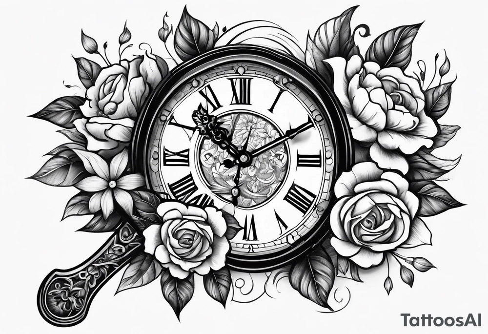 Dagger clock inside handle and flowers on blade tattoo idea Dagger clock inside handle and flowers on blade tattoo idea