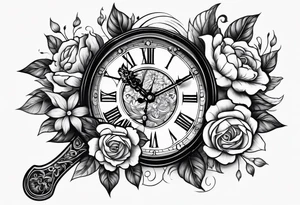 Dagger clock inside handle and flowers on blade tattoo idea