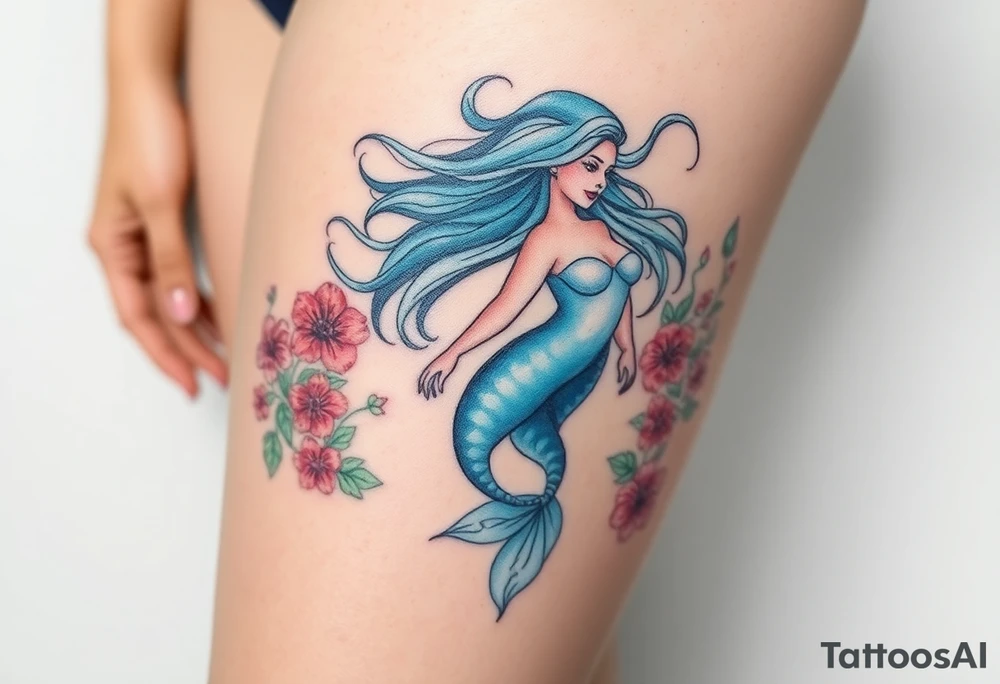ethereal mermaid with flowing hair among coral and sea flowers tattoo idea