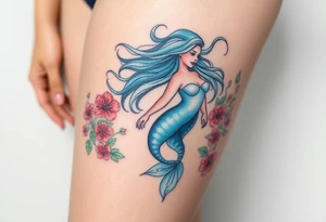 ethereal mermaid with flowing hair among coral and sea flowers tattoo idea