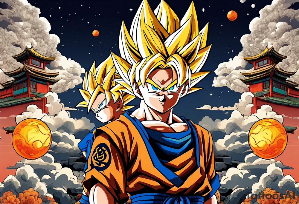 Son-Goku as a child in the foreground and an older version of him as a super saiyajin behind him. A huge dragonball surrounds the whole scenery. Fokus friends are surrounding him as shadows tattoo idea