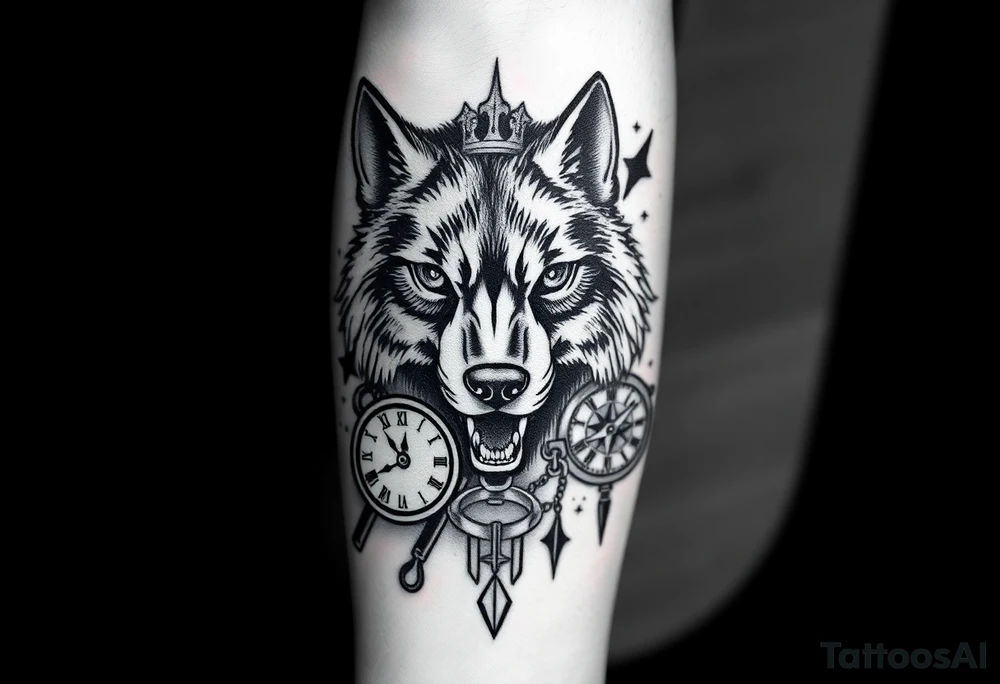 “A detailed black and gray tattoo design featuring a wise wolf head with intense eyes, surrounded by a broken crown, an antique pocket watch with Roman numerals, and a compass pointing north. Subtle AK-47 silhouette elements are blended in the background as a symbolic shadow, not aggressive. Realistic style, fine lines, deep shading, placed on the inner forearm.” tattoo idea