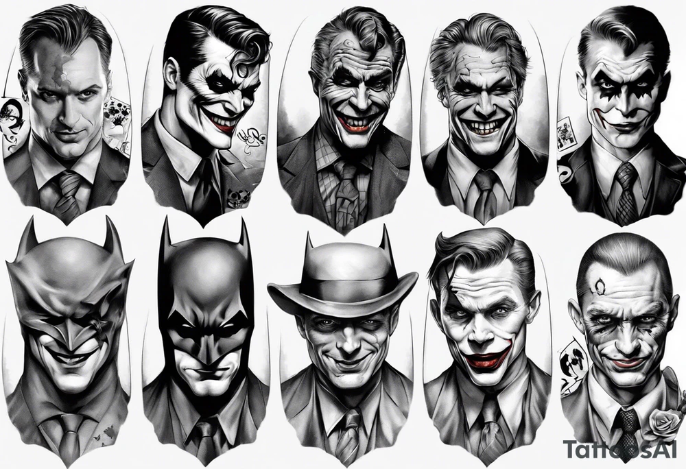 batman, joker, riddler, and two face in gotham sleeve tattoo idea