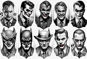 batman, joker, riddler, and two face in gotham sleeve tattoo idea