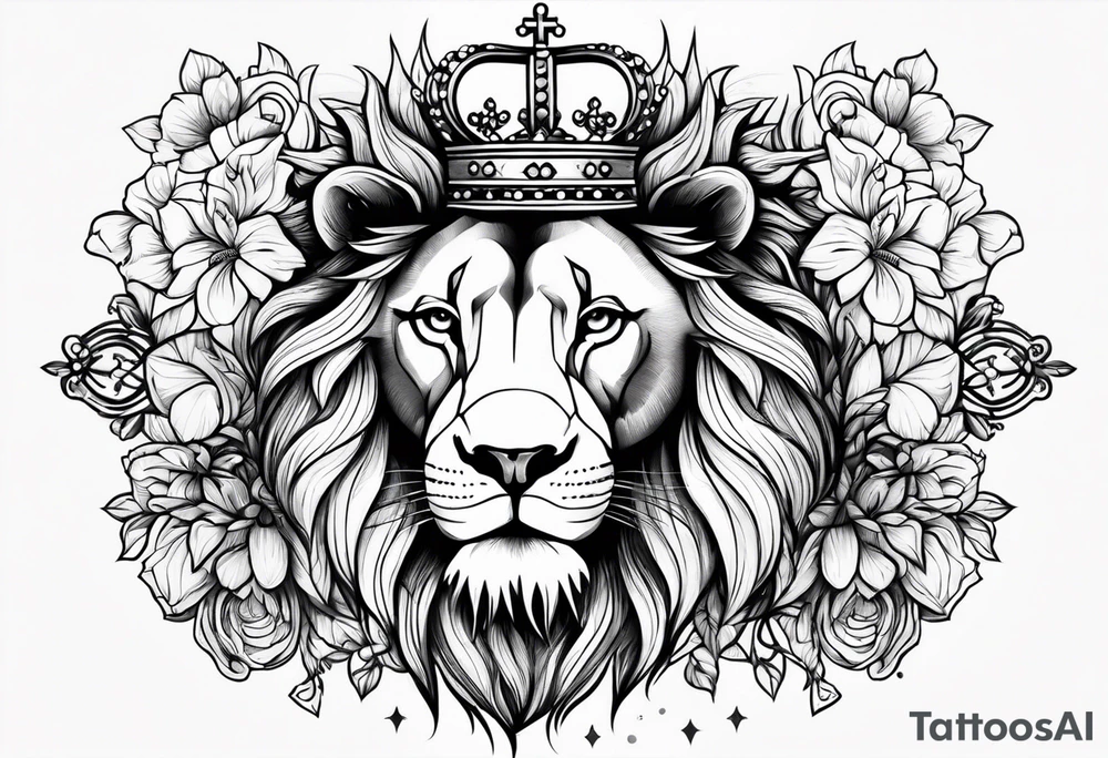 Lion flowers crown cross tattoo idea