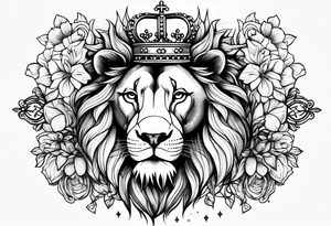 Lion flowers crown cross tattoo idea