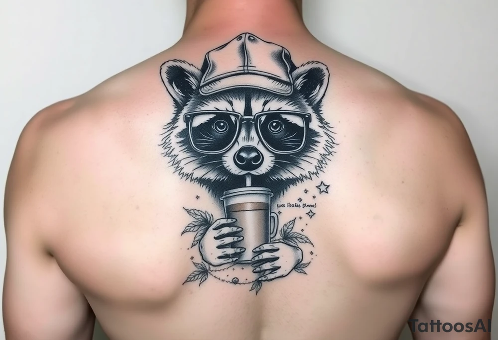 Raccoon with thick square glasses,trucker hat, and iced coffee tattoo idea