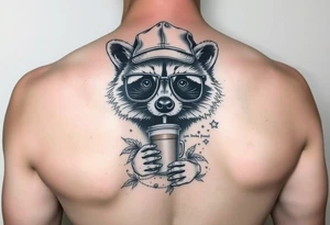 Raccoon with thick square glasses,trucker hat, and iced coffee tattoo idea