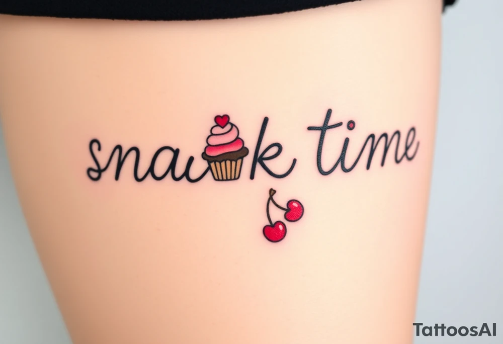 Pretty letters with lots of swooshes saying snack time with cupcakes, cherries and stars tattoo idea