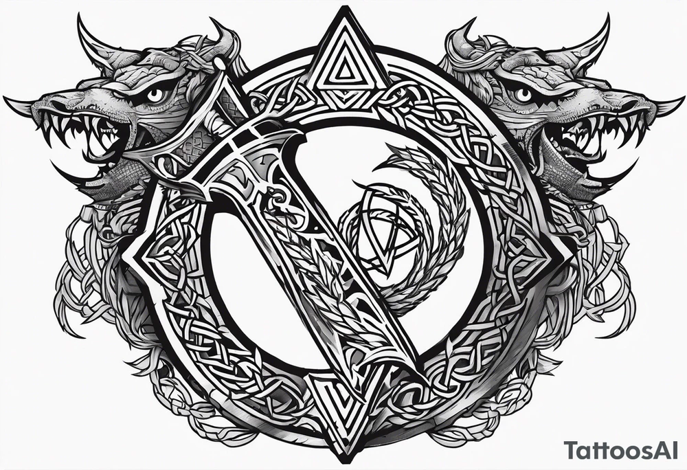 Valhalla sword shield dragon axe Valknut barbed wire chains tattoo idea Valhalla sword shield dragon axe Valknut barbed wire chains tattoo idea
